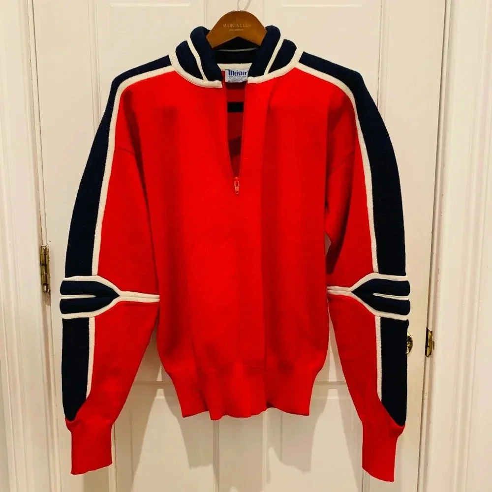 Vintage Meister Sweater Ski Acrylic Wool Blend Blue Navy Red 1/4 Zip Men MEDIUM - Picture 2 of 16